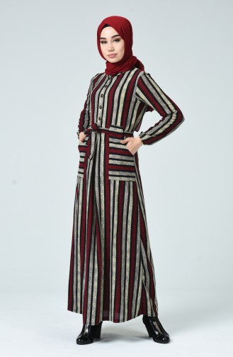 فستان شتوي مخطط أحمر كلاريت 1216B-01