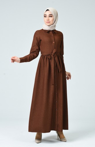 Boydan Düğmeli Kışlık Elbise 0895-03 Kahverengi