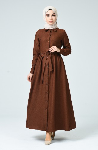 Boydan Düğmeli Kışlık Elbise 0895-03 Kahverengi
