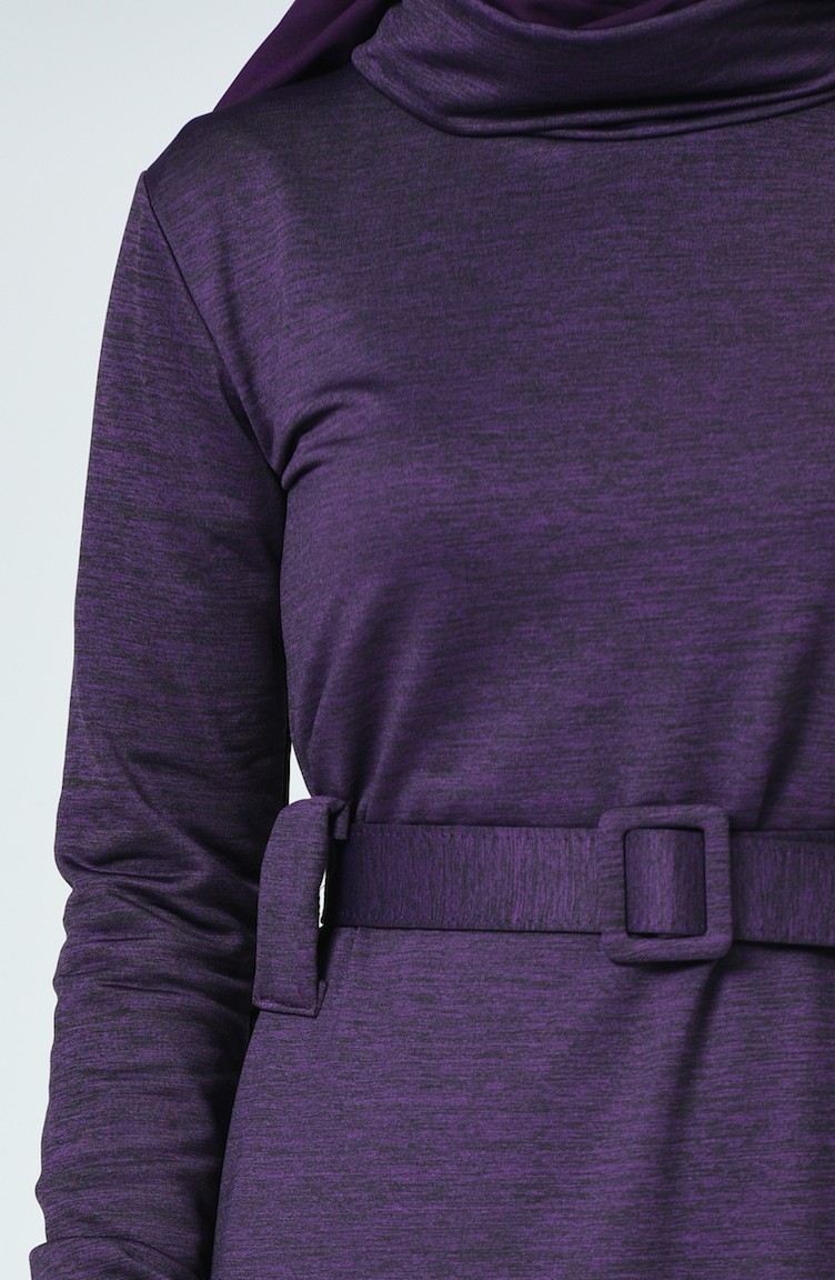 Turtleneck Belted Dress Purple 0022-02 | Sefamerve