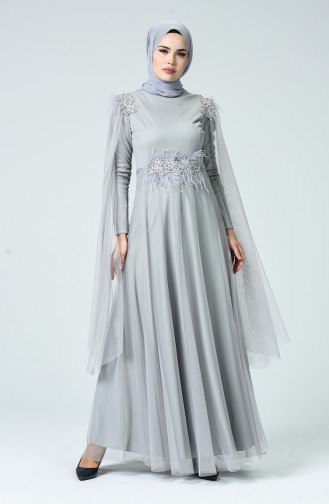 Feather Tulle Evening Dress Gray 5234-03