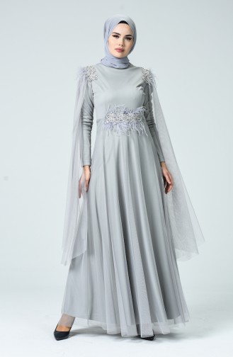 Robe de Soirée en Tulle à Plumes 5234-03 Gris 5234-03