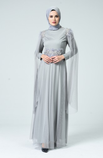 Gray Hijab Evening Dress 5234-03