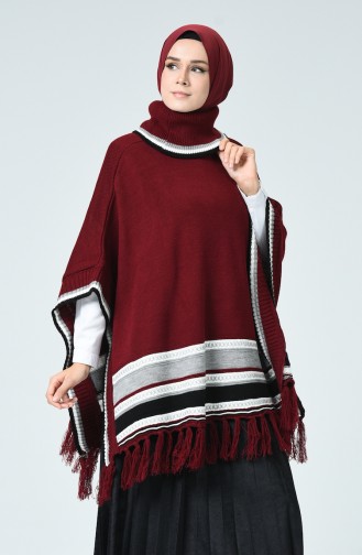 Turtleneck Tasseled Tricot Poncho Cherry 0951-02