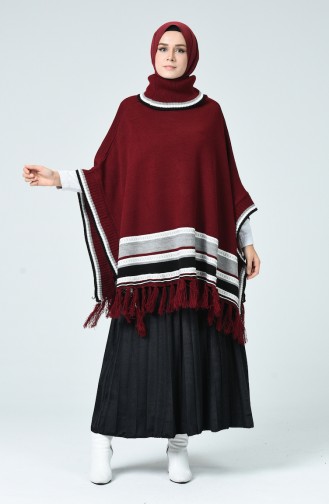 Turtleneck Tasseled Tricot Poncho Cherry 0951-02