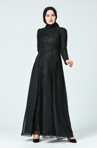 Lace Overlay Evening Dress Black 5213-01