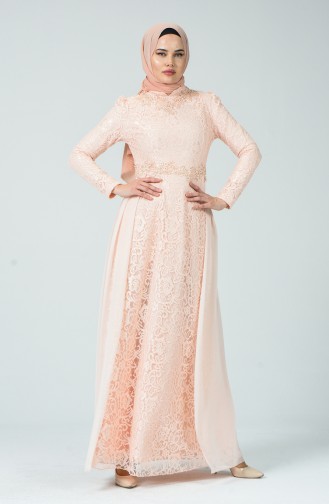 Lace Overlay Evening Dress Salmon 5213-02