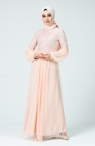 Balloon Sleeve Silvery Evening Dress Salmon 5239-04