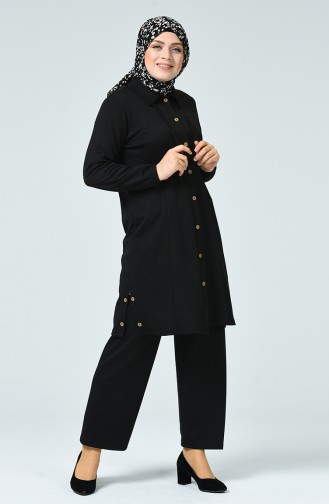 Büyük Beden Düğmeli Tunik Pantolon İkili Takım 0245-05 Siyah