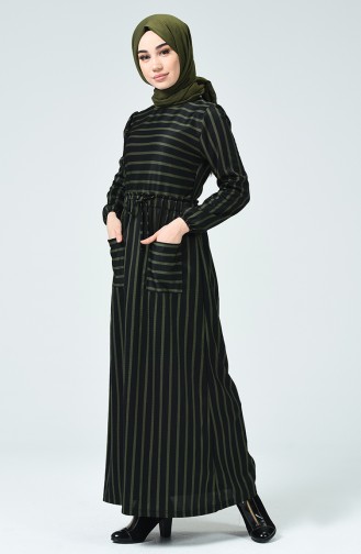 Striped Pocket Dress Khaki 1201B-01
