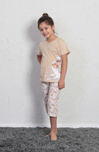 Kız Çocuk Kısa Kol Pijama Takımı 707069-B Bej