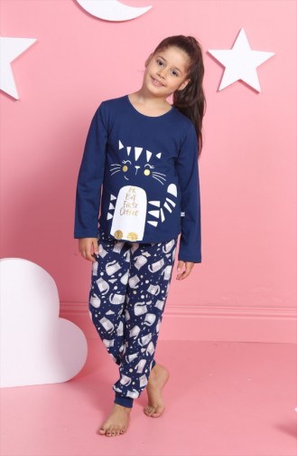 Kız Çocuk Uzun Kol Pijama Takımı 802012-A Lacivert