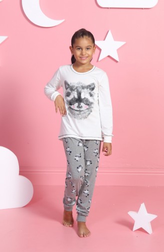 Kız Çocuk Uzun Kol Pijama Takımı 802015-A Beyaz