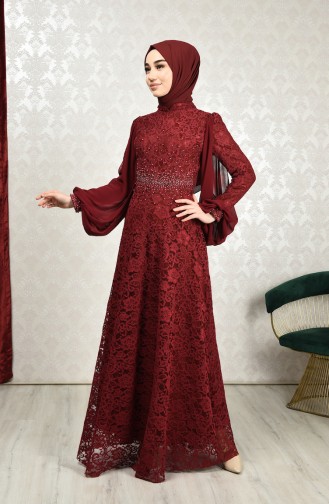 Lace Overlay Evening Dress Bordeaux 5235-03