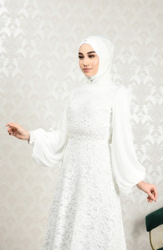 Ecru Hijab Evening Dress 5235-02