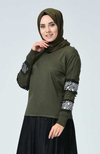 Trikot Pullover mit Pailletten Arm 1240-02 Khaki 1240-02