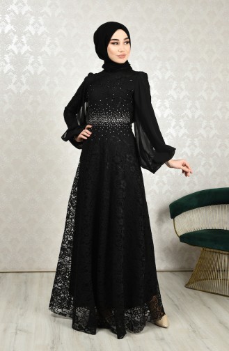 Lace Overlay Evening Dress Black 5235-04