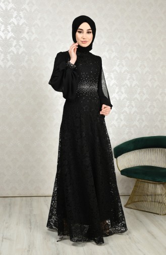 Lace Overlay Evening Dress Black 5235-04