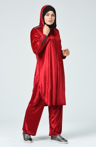 Plus Size Velvet Tunic Trousers Double Suit 2665-04 Burgundy 2665-04