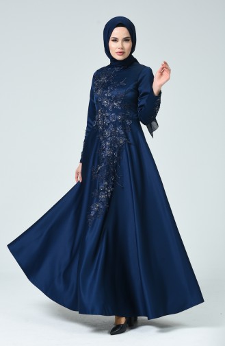 Navy Blue Hijab Evening Dress 1006-02
