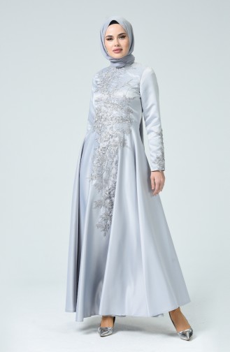 Gray Hijab Evening Dress 1006-03