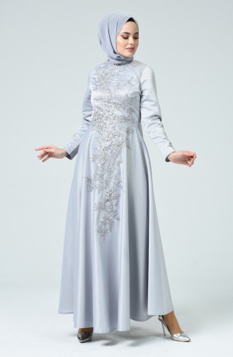 Gray Hijab Evening Dress 1006-03