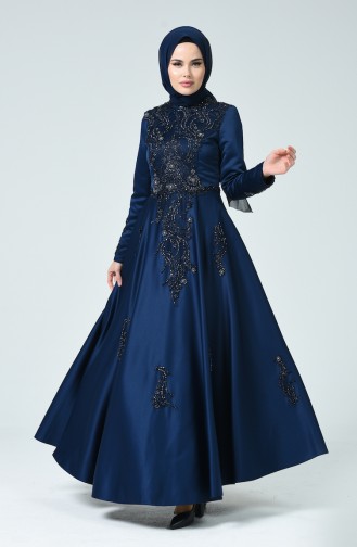 Navy Blue Hijab Evening Dress 1007-02