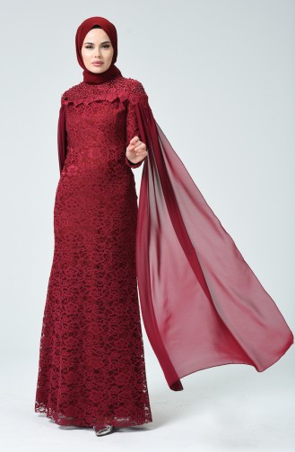 Lace Overlay Evening Dress Bordeaux 5231-01