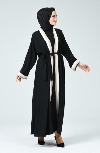 Abaya Manches Chauve-Souris Avec Ceinture 1731-01 Noir Beige 1731-01