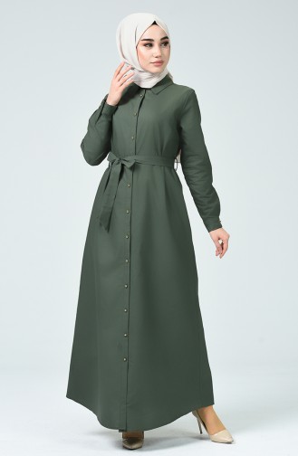 Boydan Düğmeli Kuşaklı Elbise 60080-01 Yeşil