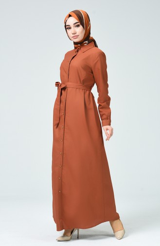 Boydan Düğmeli Kuşaklı Elbise 60080-04 Taba