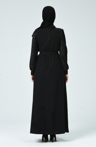 Garnili Kuşaklı Elbise 81759-01 Siyah