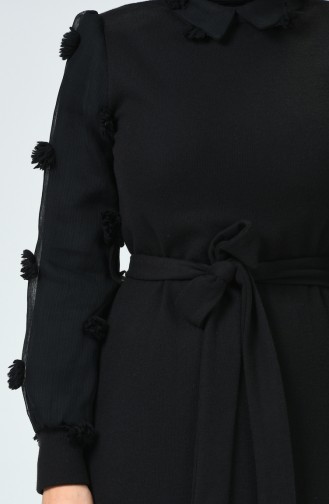 Kol Detaylı Kuşaklı Elbise 81761-01 Siyah