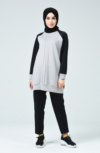 Dalgıç Kumaş Tunik Pantolon İkili Takım 0798-01 Siyah Gri