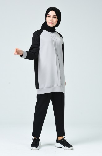 Dalgıç Kumaş Tunik Pantolon İkili Takım 0798-01 Siyah Gri