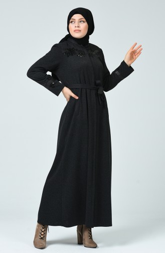 Abaya à Fermeture Avec Ceinture Grande Taille 8215-01 Noir 8215-01