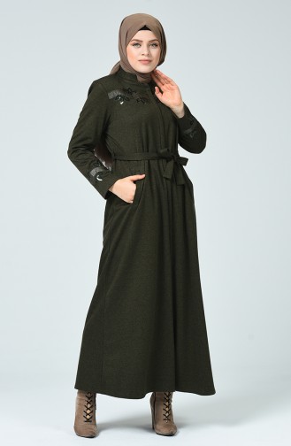 Big Size Belted Zippered Abaya Khaki 8215-04