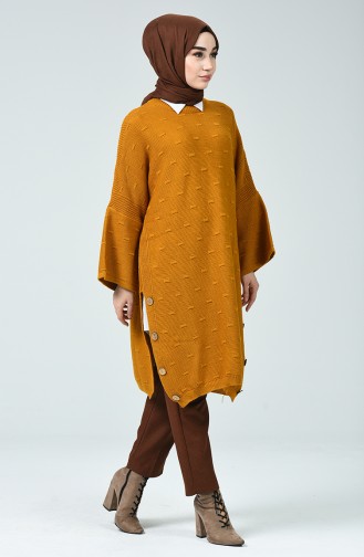 Tricot Button Detailed Poncho Mustard 0944-07