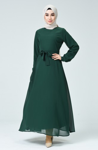 Kuşaklı Şifon Elbise 1712-05 Zümrüt Yeşil