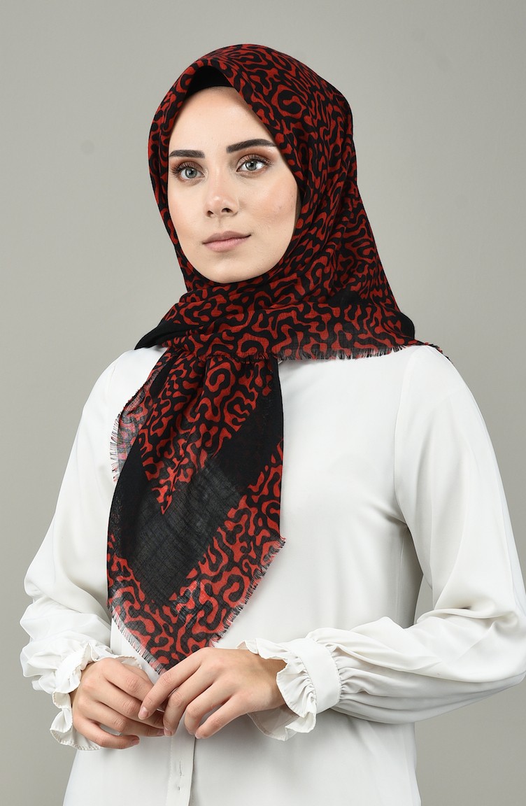Sefamerve, Desenli Flamlı Eşarp 2431-10 Siyah Kırmızı