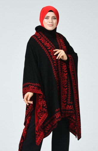 Tricot Patterned Poncho Red Black 1010E-03