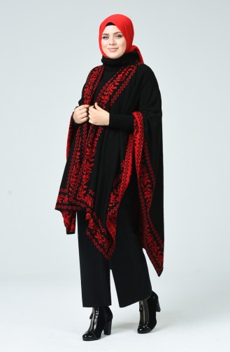 Tricot Patterned Poncho Red Black 1010E-03