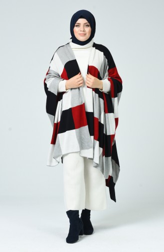 Tricot Patterned Poncho Red Gray 1010F-02
