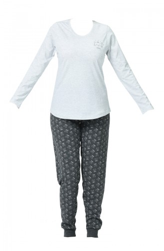 Bayan Uzun Kollu Pijama Takımı 903219-B Gri Melanj
