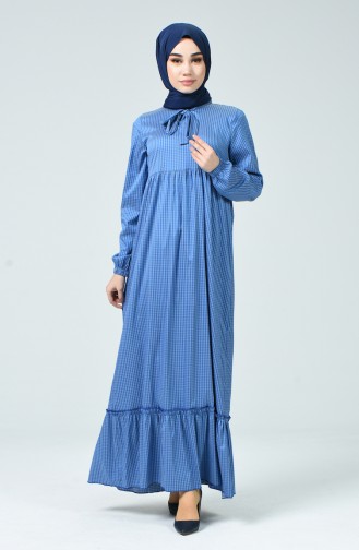 Tie Neck Plaid Dress Blue 1351-02