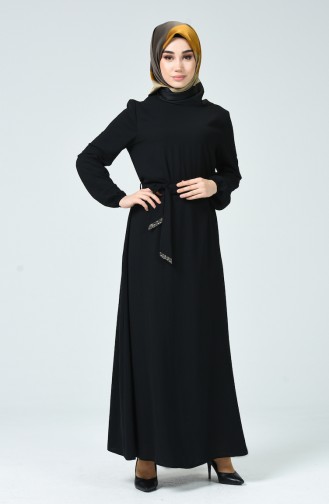 Kolu Lastikli Kuşaklı Elbise 0048-01 Siyah