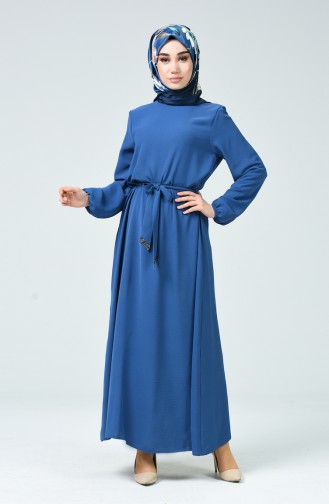 Sleeve Elasticity Belted Dress Indigo 0048-02