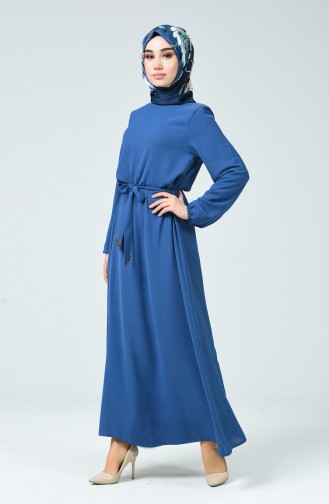 Sleeve Elasticity Belted Dress Indigo 0048-02