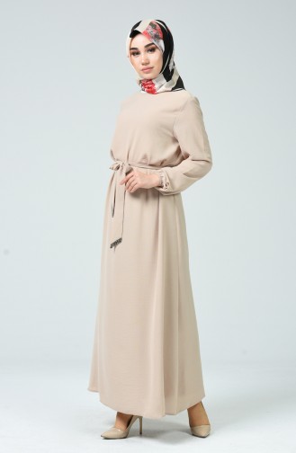 Sleeve Elasticity Belted Dress Beige 0048-03
