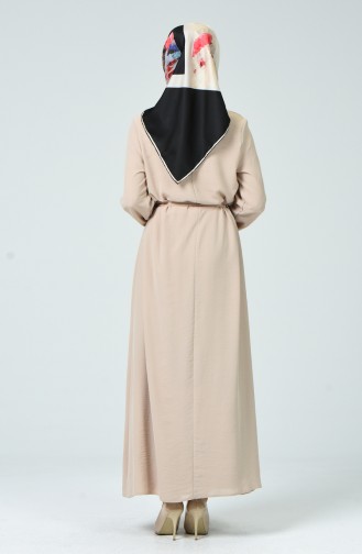 Sleeve Elasticity Belted Dress Beige 0048-03
